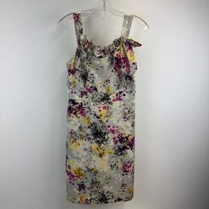 Ann Taylor LOFT Floral Rosette Sheath Dress Grey Purple Yellow‎ Size 0
